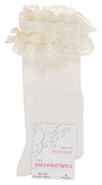 Picture of Carlomagno Socks Knee High With Lace Ruffle & Bow - Cream