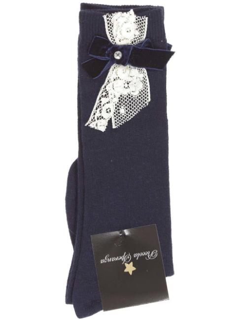Picture of Piccola Speranza Velvet & Lace Bow Socks - Navy