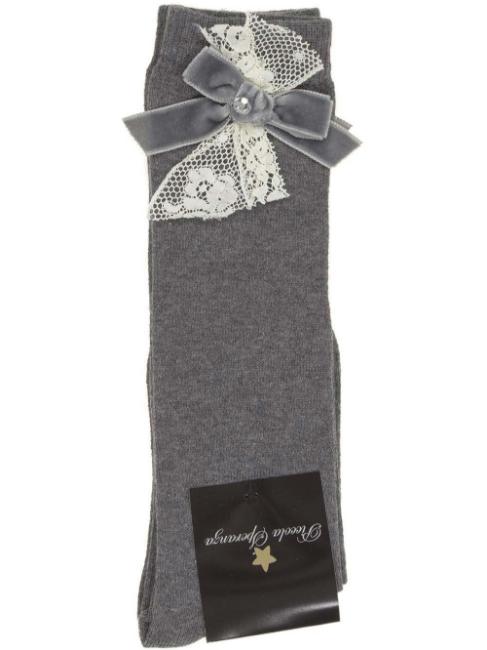 Picture of Piccola Speranza Velvet & Lace Bow Socks - Grey