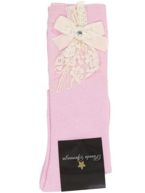 Picture of Piccola Speranza Velvet & Lace Bow Socks - Pink