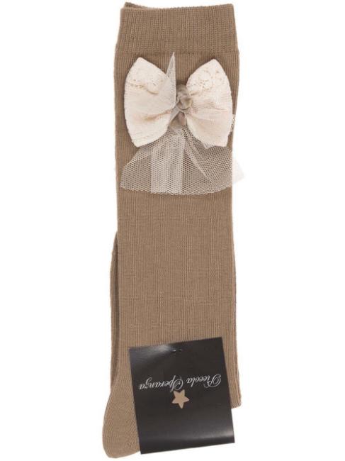 Picture of Piccola Speranza Lace & Tulle Bow Socks - Camel