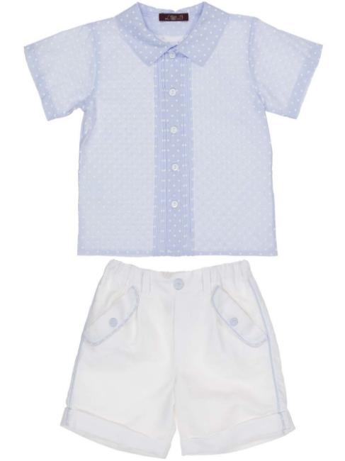Picture of Loan Bor Boys Polka Shirt Shorts Set White Blue
