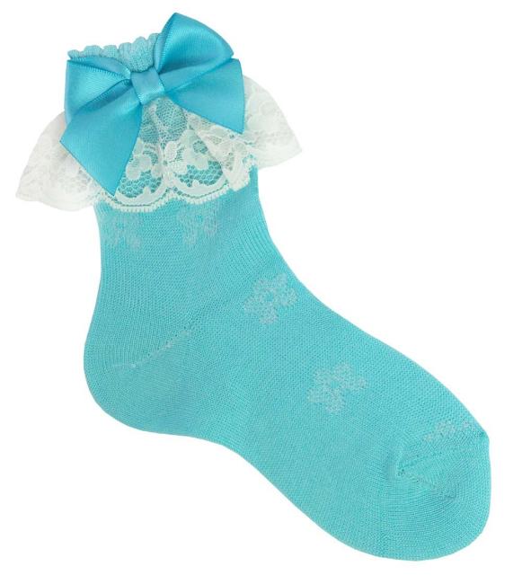 Picture of Carlomagno Socks Lace Cuff Satin Bow Ankle Sock Aqua