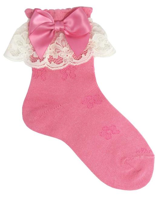 Picture of Carlomagno Socks Lace Cuff Satin Bow Ankle Sock Coral