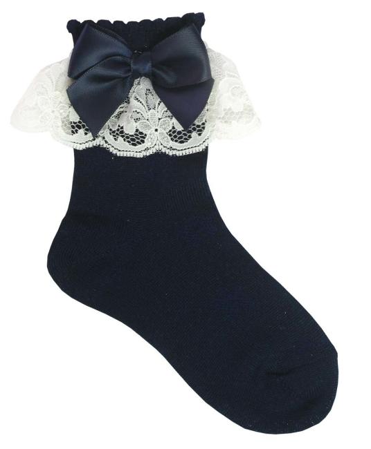 Picture of Carlomagno Socks Lace Cuff Satin Bow Ankle Sock Navy