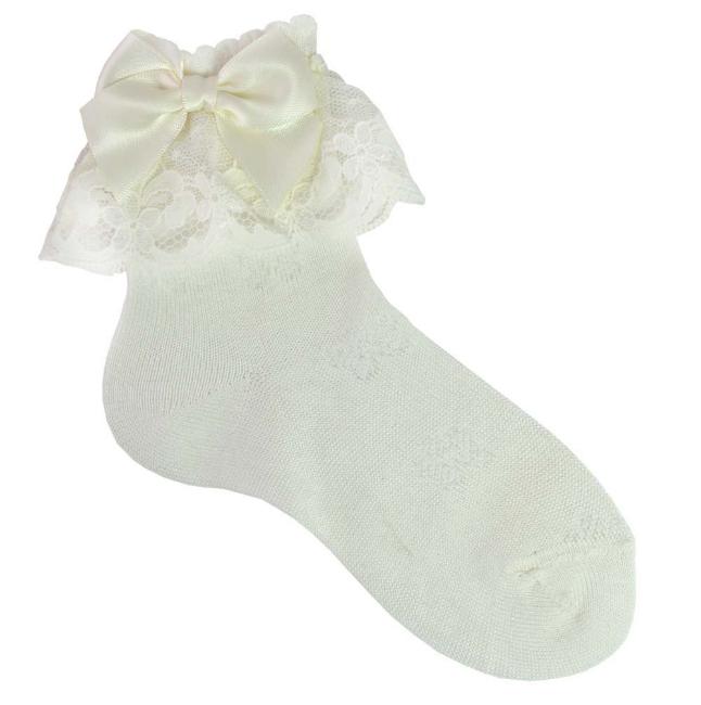 Picture of Carlomagno Socks Lace Cuff Satin Bow Ankle Sock Cream