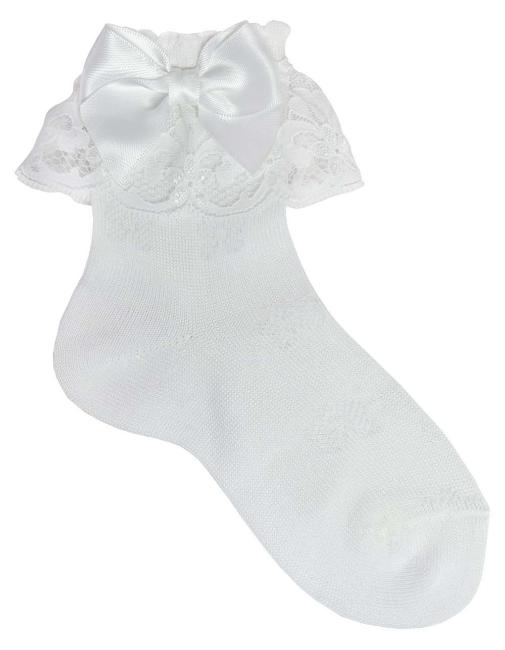 Picture of Carlomagno Socks Lace Cuff Satin Bow Ankle Sock White