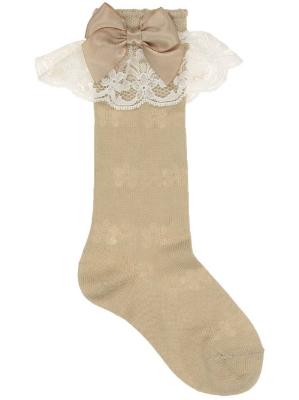 Picture of Carlomagno Socks Lace Cuff Satin Bow Knee Sock - Camel