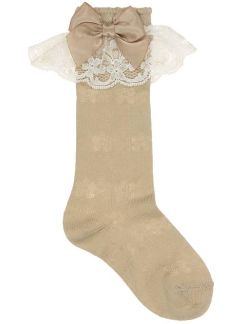 Picture of Carlomagno Socks Lace Cuff Satin Bow Knee Sock - Camel