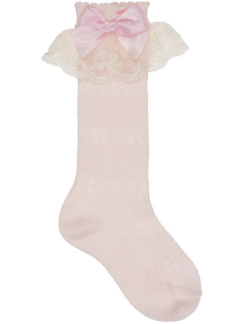 Picture of Carlomagno Socks Lace Cuff Satin Bow Knee Sock - Rose Pink