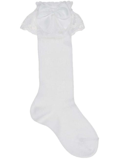 Picture of Carlomagno Socks Lace Cuff Satin Bow Knee Sock - White