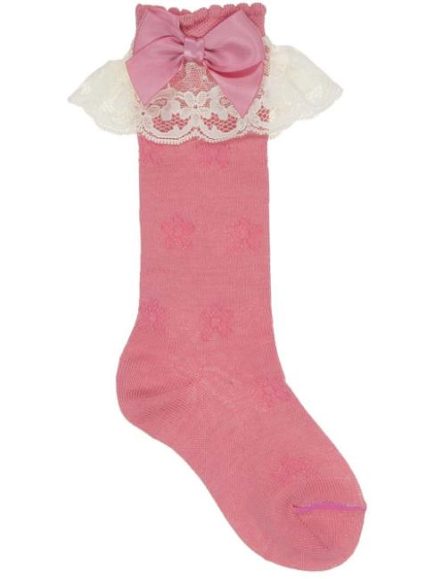 Picture of Carlomagno Socks Lace Cuff Satin Bow Knee Sock Coral