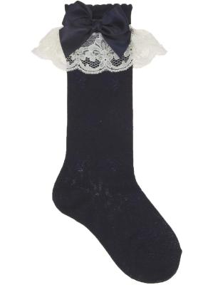 Picture of Carlomagno Socks Lace Cuff Satin Bow Knee Sock - Navy