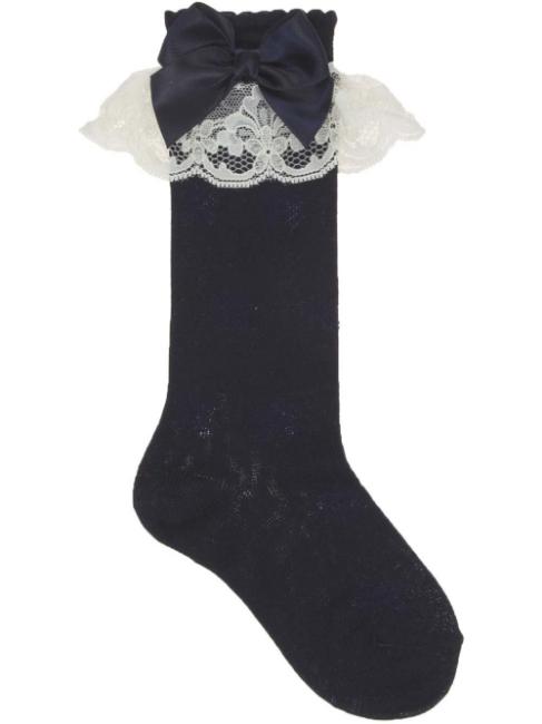 Picture of Carlomagno Socks Lace Cuff Satin Bow Knee Sock - Navy