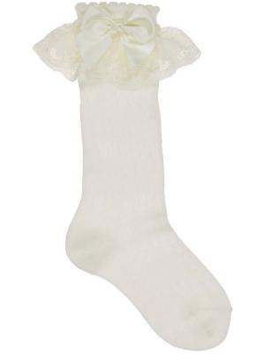 Picture of Carlomagno Socks Lace Cuff Satin Bow Knee Sock Cream