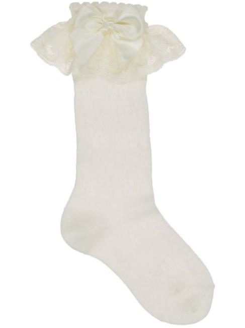 Picture of Carlomagno Socks Lace Cuff Satin Bow Knee Sock - Cream