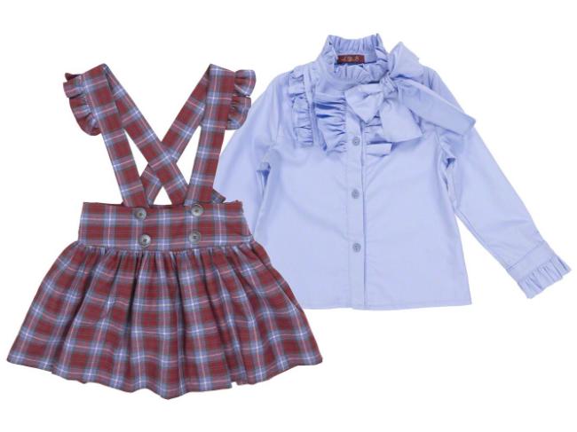 Picture of Loan Bor Girls Bow Blouse Pinafore Set Blue Burgundy