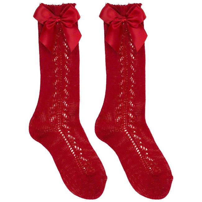 Picture of Carlomagno Socks Openwork Satin Bow Knee Socks  - Red
