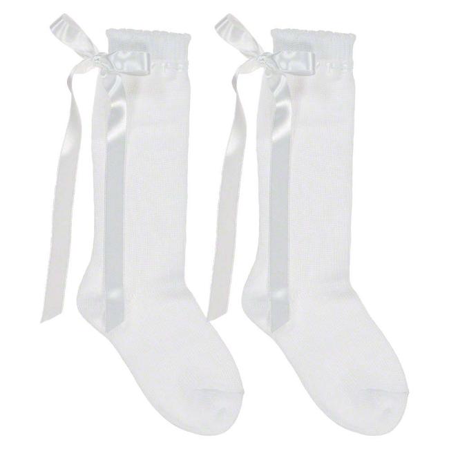Picture of Dorian Gray Socks Threaded Satin Ribbon Silky Knee Sock - White