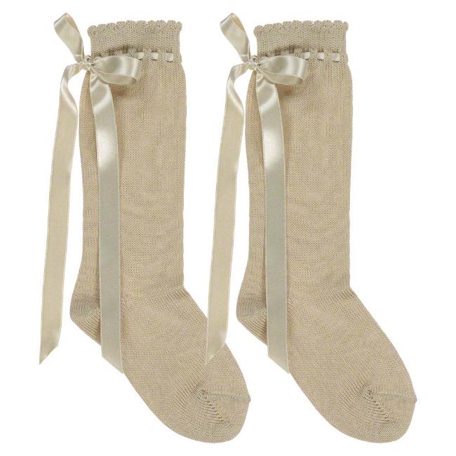 Picture of Dorian Gray Socks Threaded Satin Ribbon Silky Knee Sock - Camel