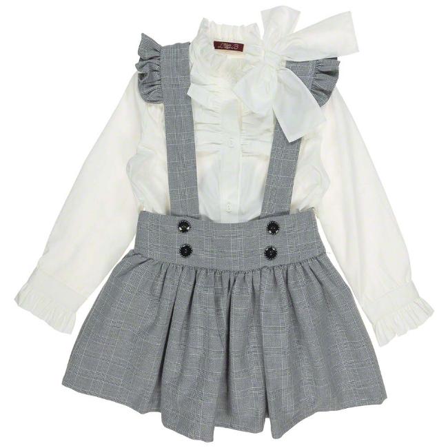 Picture of Loan Bor Girls Check Pinafore Blouse Set - Cream Grey