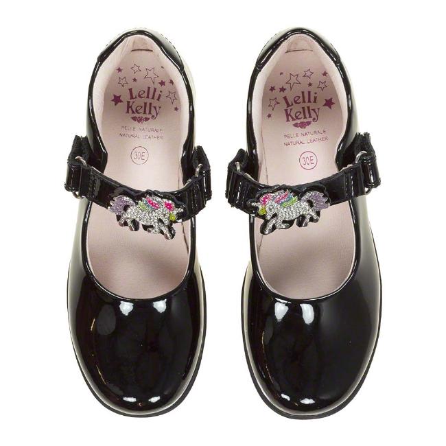 Picture of Lelli Kelly Blossom Unicorn School Shoe E Fitting - Black Patent