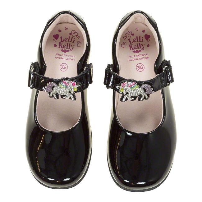 Picture of Lelli Kelly Blossom Unicorn School Shoe G Fitting - Black Patent