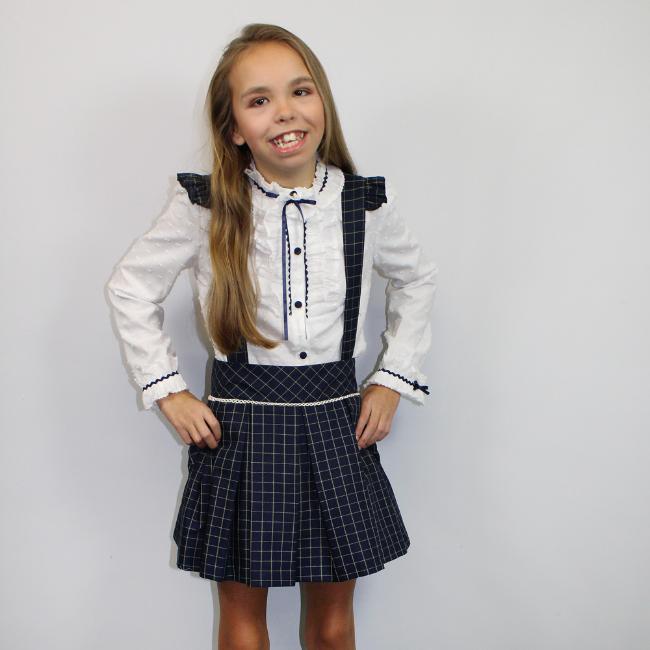 Picture of Loan Bor Girls Adjustable Skirt Pinafore Blouse Set - Navy