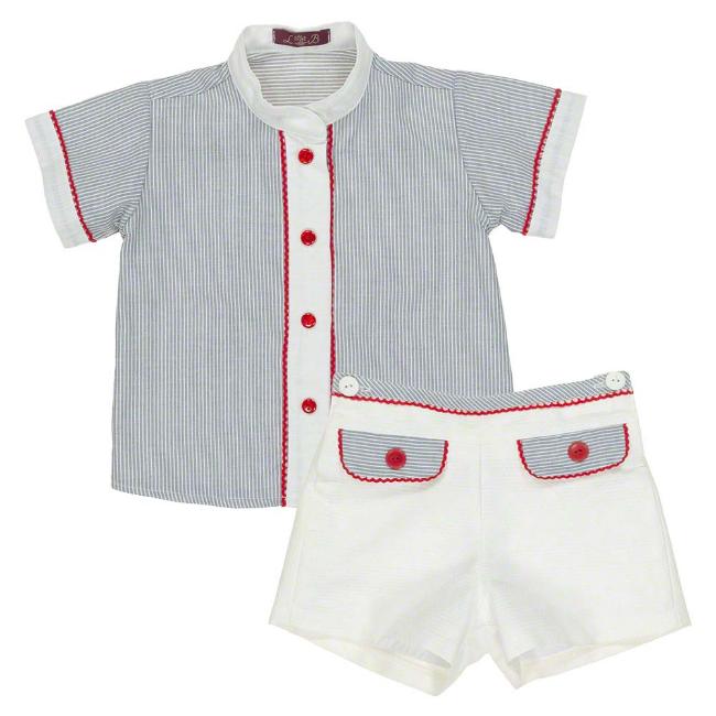 Picture of Loan Bor Boys Stripe Shirt Shorts Set - Grey Red White