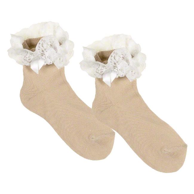Picture of Meia Pata Occasion Side Bow Lace Ruffle Sock - Beige White