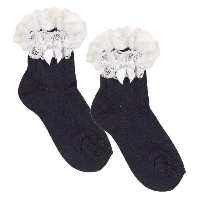 Picture of Meia Pata Occasion Side Bow Lace Ruffle Sock - Navy White