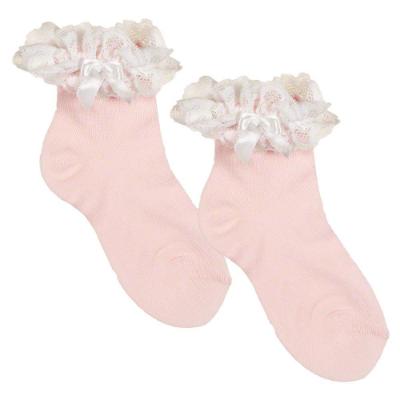 Picture of Meia Pata Occasion Side Bow Lace Ruffle Sock - Baby Pink White
