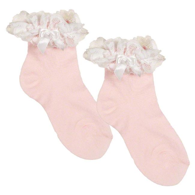 Picture of Meia Pata Occasion Side Bow Lace Ruffle Sock - Baby Pink White