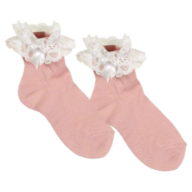Picture of Meia Pata Occasion Side Bow Lace Ruffle Sock - Rosa Pink White