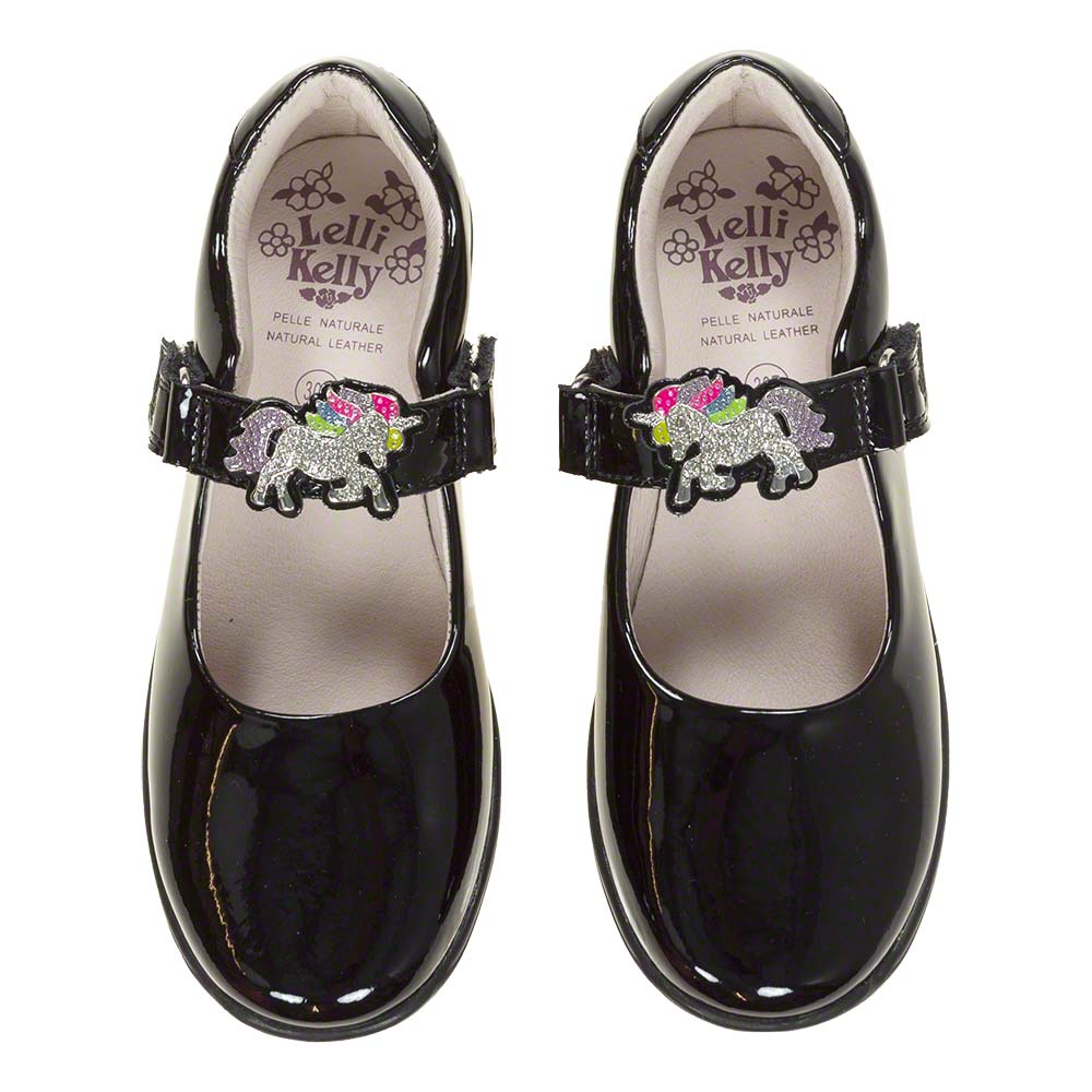Lelli Kelly Blossom Unicorn School Shoe F Fitting Black Patent