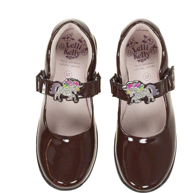 Picture of Lelli Kelly Blossom Unicorn School Shoe F Fitting - Brown Patent