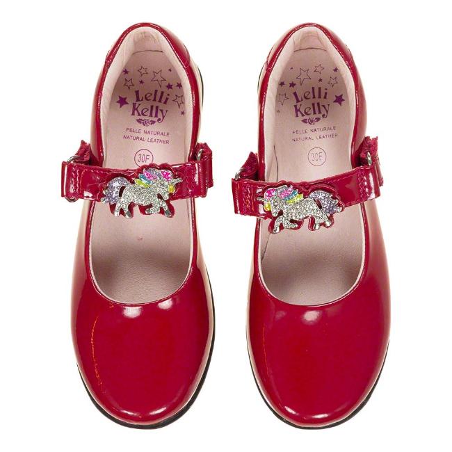 Picture of Lelli Kelly Blossom Unicorn School Shoe F Fitting - Red Patent