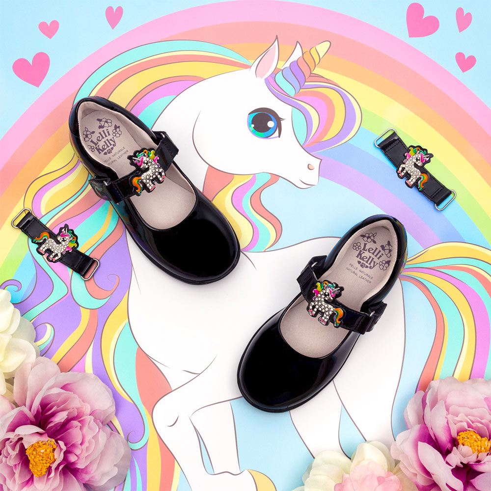 Lelli Kelly Bonnie Unicorn School Shoe F Fitting Black Patent