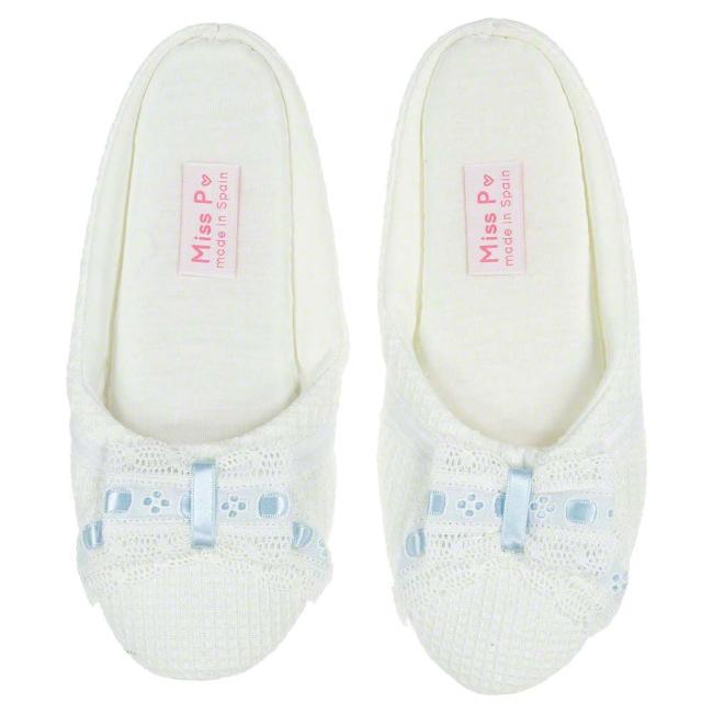 Picture of Miss P Lace & Ribbon Bow Waffle Slippers - White Blue
