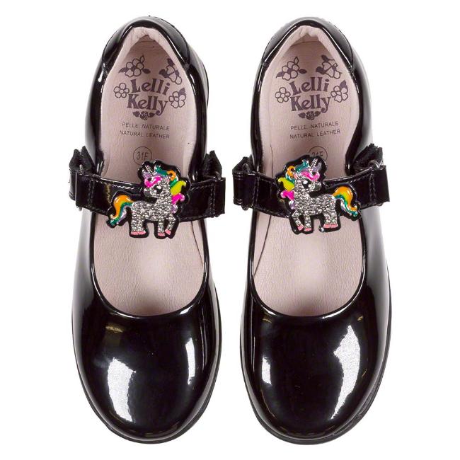 Picture of Lelli Kelly Bonnie Unicorn School Shoe Slim E Fitting - Black Patent