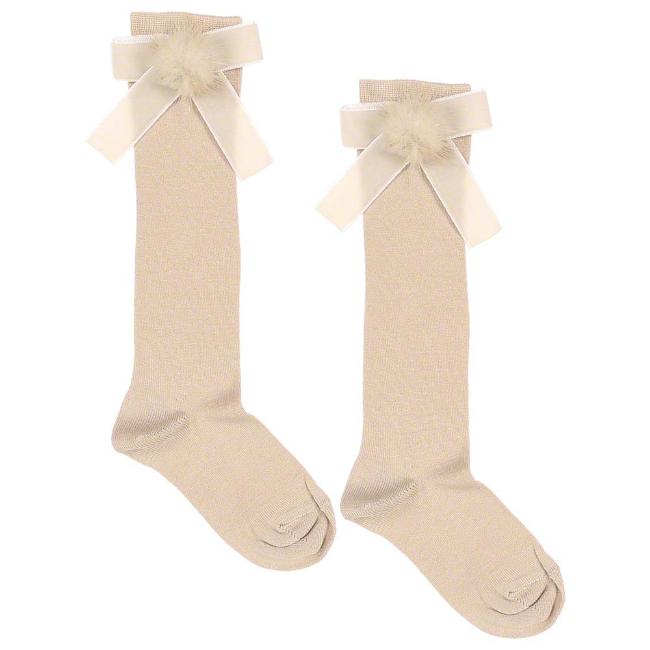 Picture of Meia Pata Occasion Knee Sock Velvet Bow With Fur Pom Pom - Beige