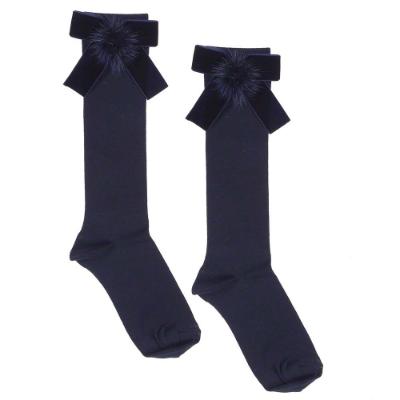 Picture of Meia Pata Occasion Knee Sock Velvet Bow With Fur Pom Pom - Navy