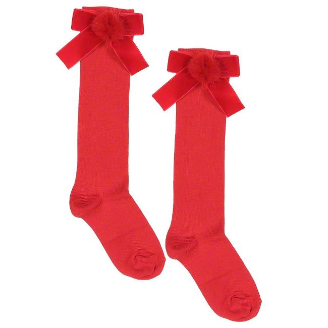 Picture of Meia Pata Occasion Knee Sock Velvet Bow With Fur Pom Pom - Red