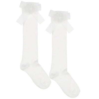 Picture of Meia Pata Occasion Knee Sock Velvet Bow With Fur Pom Pom - Ivory