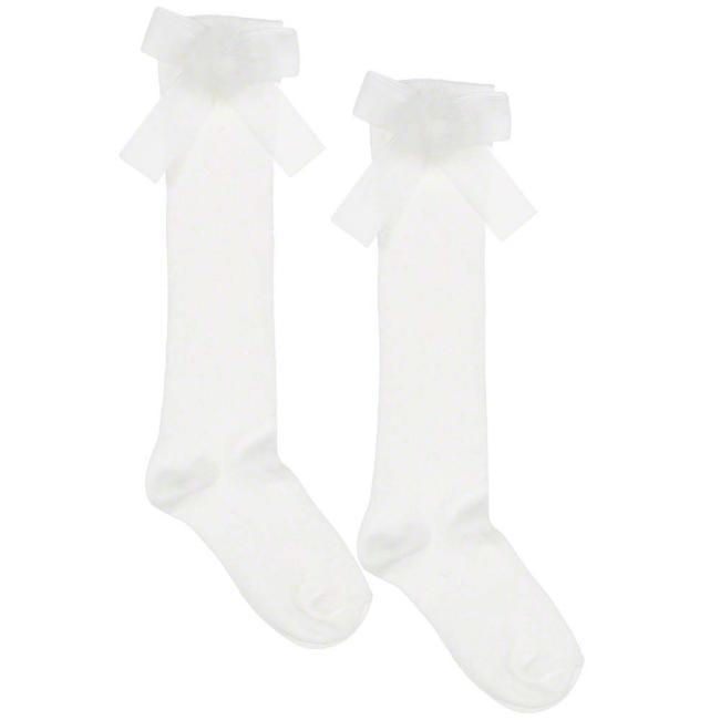 Picture of Meia Pata Occasion Knee Sock Velvet Bow With Fur Pom Pom - Ivory
