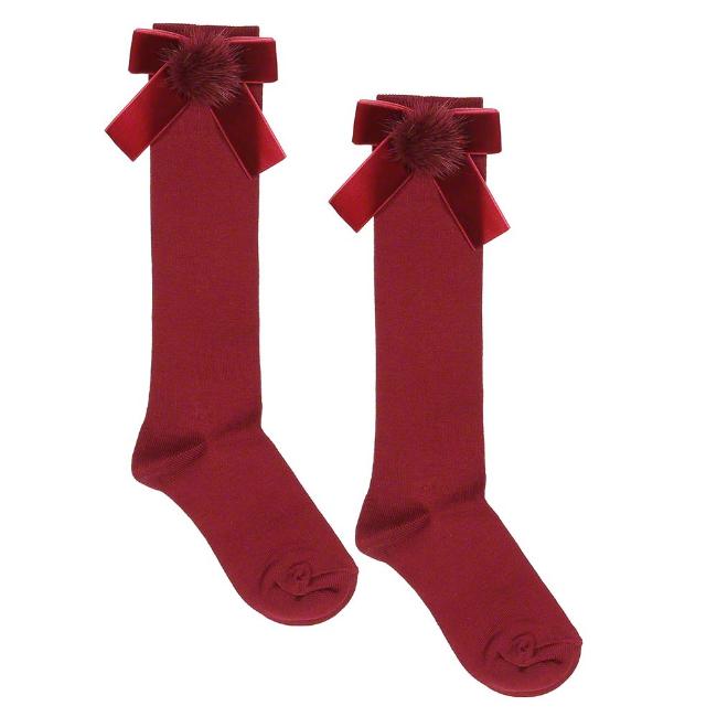 Picture of Meia Pata Occasion Knee Sock Velvet Bow With Fur Pom Pom - Burgundy