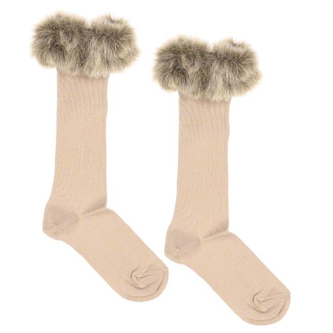 Picture of Meia Pata Occasion Knee Sock With Faux Fur Cuff - Beige