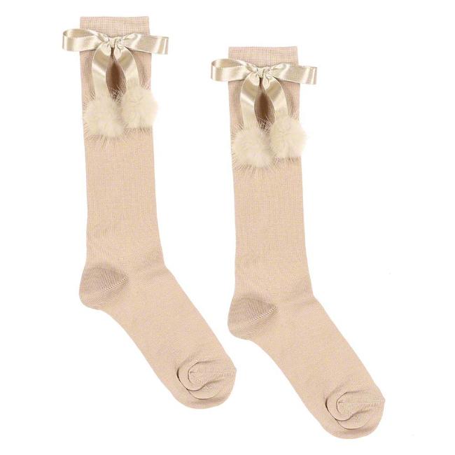 Picture of Meia Pata Occasion Knee Sock Satin Bow Double Fur Pom Poms - Beige