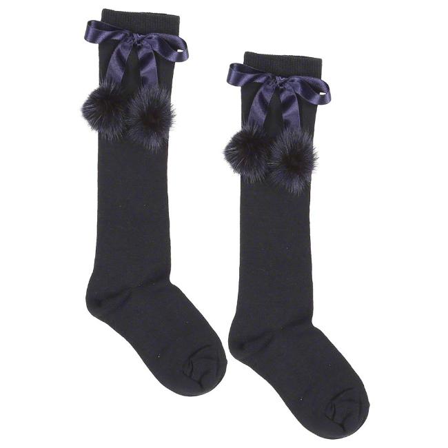 Picture of Meia Pata Occasion Knee Sock Satin Bow Double Fur Pom Poms - Navy
