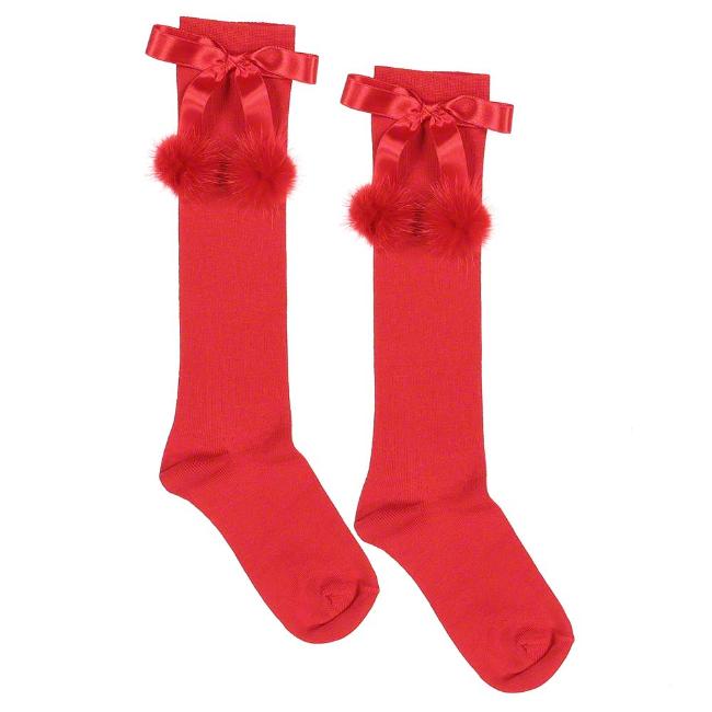 Picture of Meia Pata Occasion Knee Sock Satin Bow Double Fur Pom Poms - Red